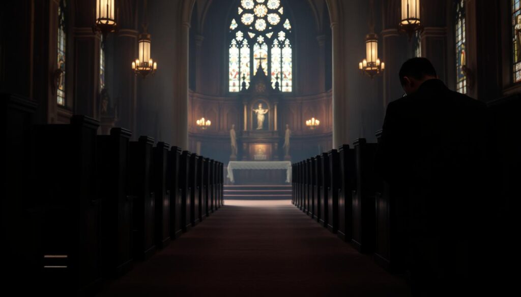 A solemn, dimly lit church interior with wooden pews and stained glass windows. In the foreground, a single person kneeling in prayer, dressed in somber black attire, the only source of movement in the otherwise still scene. The middle ground features ornate altars and religious iconography, casting a reverent, contemplative atmosphere. The background is shrouded in shadows, emphasizing the sacred and introspective nature of the space. Soft, warm lighting filters through the stained glass, creating a sense of tranquility and solemnity. The scene conveys the gravity and contemplation associated with the Catholic tradition of mourning.