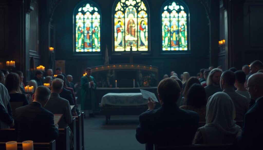 A somber church interior, dimly lit with warm candlelight. In the foreground, a priest in ceremonial robes standing before an open casket, receiving a congregation of mourners offering donations in envelopes and cash. The middle ground shows pews filled with attendees, their heads bowed in solemn reflection. The background depicts stained glass windows casting ethereal hues, creating a sacred, reverent atmosphere. The scene conveys the customs and traditions surrounding funeral masses, where the faithful provide monetary gifts to the clergy as a sign of respect and support during a time of profound loss. A somber church interior, dimly lit with warm candlelight. In the foreground, a priest in ceremonial robes standing before an open casket, receiving a congregation of mourners offering donations in envelopes and cash. The middle ground shows pews filled with attendees, their heads bowed in solemn reflection. The background depicts stained glass windows casting ethereal hues, creating a sacred, reverent atmosphere. The scene conveys the customs and traditions surrounding funeral masses, where the faithful provide monetary gifts to the clergy as a sign of respect and support during a time of profound loss.