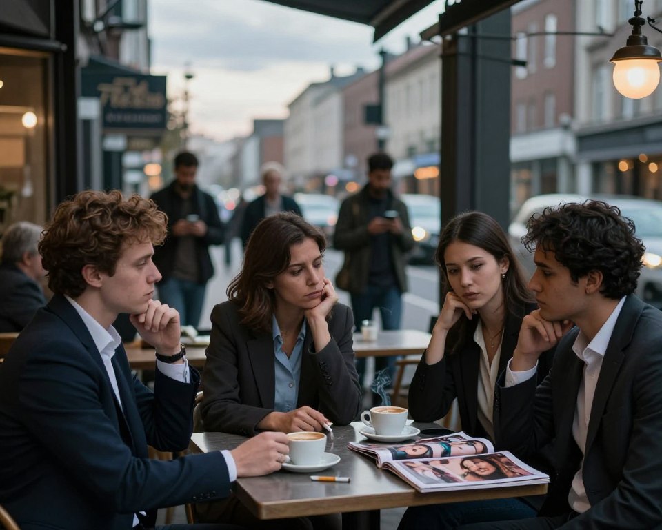 A somber, reflective scene depicting the theme of recognizing daily sins. In the foreground, a diverse group of people in professional attire sit at a café table, engaged in deep conversation, their expressions thoughtful. On the table, subtle symbols of temptation like a coffee cup, smoking cigarettes, and magazines showcasing unrealistic beauty standards are visible, illustrating the daily struggles with vices. The middle ground features a blurred, busy street filled with passersby, some looking at their phones, absorbed in social media, representing distractions. The background shows a cityscape under a cloudy sky, creating a moody atmosphere. The lighting is soft and diffused, suggesting late afternoon, with shadows lengthening, framing the narrative of introspection and recognition of everyday obstacles. The overall mood is contemplative, inviting viewers to reflect on their own daily challenges.