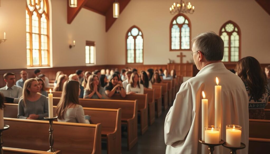 A spacious parish hall, bathed in warm, natural light filtering through large windows. A group of young people, poised and attentive, sit in rows of wooden pews, engaged in a thoughtful discussion led by a calm, reassuring priest. Decorative candles flicker, casting a contemplative glow, as the youth prepare for the sacred rite of confirmation, immersed in the rich traditions of their faith. The scene radiates a sense of community, reverence, and the anticipation of a meaningful spiritual journey.
