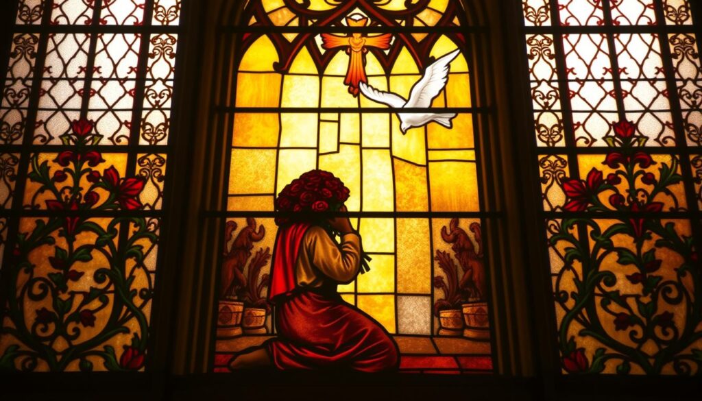 A stained glass window depicting a prayer to St. Valentine, patron of love and spiritual gifts. In the center, a kneeling figure holds a bouquet of red roses, praying earnestly before a grand cathedral. Warm, golden light filters through the intricate glass panes, casting a reverent glow. In the background, a pair of doves symbolize the divine blessing of love. Delicate floral motifs and ornate gothic architecture frame the scene, evoking the solemnity and beauty of sacred ritual. Soft, hazy focus emphasizes the spiritual atmosphere, inviting the viewer to join in the supplication for love and spiritual treasures.
