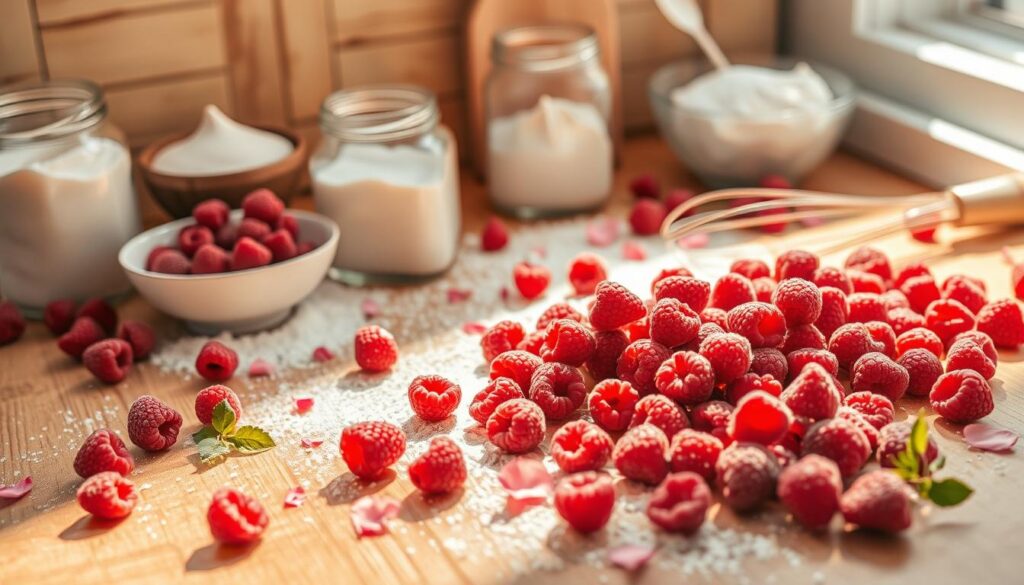 A sun-drenched kitchen counter, adorned with the vibrant ingredients for a raspberry cloud cake. Fresh, plump raspberries spill across the wooden surface, accompanied by a dusting of powdered sugar, a jar of creamy white meringue, and a smattering of delicate pink rose petals. The scene is bathed in warm, golden light, creating a soft, dreamy atmosphere. A few stray flour grains and a whisk add a touch of effortless charm, hinting at the baking process to come. The overall composition is balanced and visually appealing, inviting the viewer to imagine the delectable dessert that will soon emerge from this well-stocked culinary tableau.