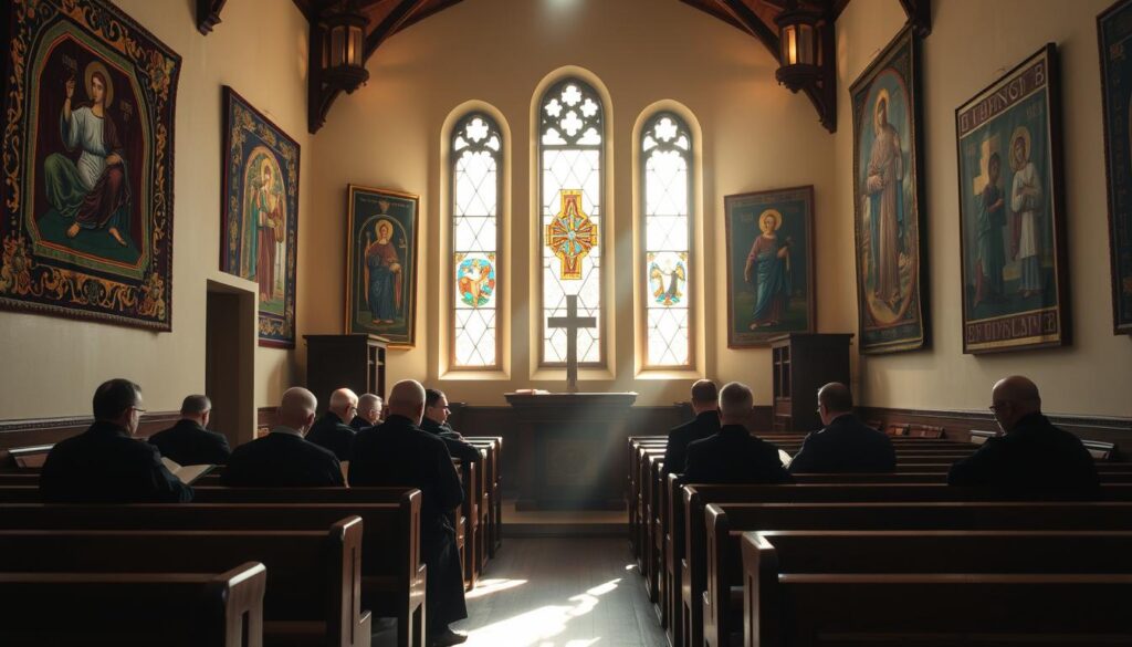 A tranquil Catholic retreat center nestled in the heart of Krakow, Poland. Warm sunlight filters through stained glass windows, casting a soft, reverent glow upon the simple wooden pews and intricate religious iconography. A small group of Salwatorianie (Salvatorian) monks gather in quiet contemplation, absorbed in the ancient practice of Lectio Divina - a sacred reading and meditation upon scripture. The atmosphere is one of profound stillness and spiritual introspection, a sanctuary for those seeking deeper connection with the divine. Ornate religious tapestries adorn the walls, their vibrant colors and intricate patterns adding to the sense of timeless tradition. The overall scene evokes a serene, hallowed ambience, perfectly suited to illustrate the Salwatorianie's Ignatian retreats of quiet reflection and prayer.