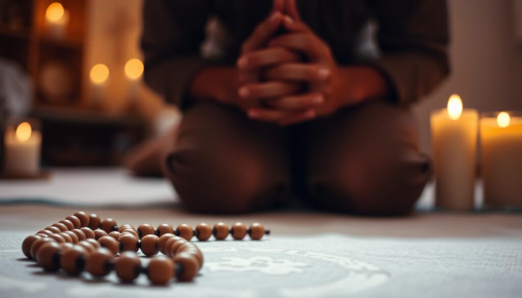 A tranquil scene of a person kneeling in prayer before a simple wooden rosary, surrounded by a warm candlelit ambiance. The foreground features the devotee's clasped hands, their face in contemplative reverence. The middle ground showcases the rosary beads, each one distinct and polished, resting on a soft fabric. The background is a blurred, serene environment, evoking a sense of sacred, private contemplation. Soft, golden lighting subtly illuminates the scene, creating a peaceful, devotional atmosphere. The image conveys the solemnity and mindfulness of preparing for the rosary prayer. A tranquil scene of a person kneeling in prayer before a simple wooden rosary, surrounded by a warm candlelit ambiance. The foreground features the devotee's clasped hands, their face in contemplative reverence. The middle ground showcases the rosary beads, each one distinct and polished, resting on a soft fabric. The background is a blurred, serene environment, evoking a sense of sacred, private contemplation. Soft, golden lighting subtly illuminates the scene, creating a peaceful, devotional atmosphere. The image conveys the solemnity and mindfulness of preparing for the rosary prayer.