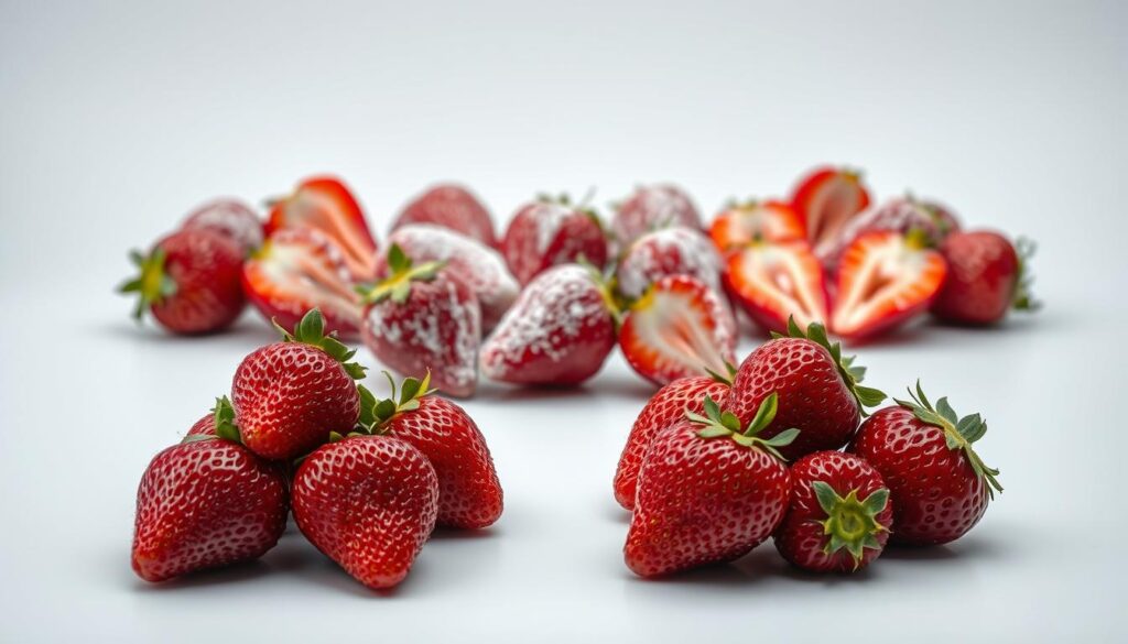 A vibrant still life showcasing the visual contrast between fresh and frozen strawberries. In the foreground, a cluster of juicy, ripe strawberries in various shades of red, their lush texture and glossy surfaces captured under soft, diffused lighting. In the middle ground, an equal arrangement of frozen strawberry halves, their icy crystalline surfaces glistening with a chilly, frosted effect. The background features a simple, clean backdrop, allowing the two types of strawberries to take center stage and highlighting their distinct characteristics. The composition is balanced, with a harmonious color palette and a sense of visual tension between the vibrant freshness and the frozen, preserved state of the fruit. A vibrant still life showcasing the visual contrast between fresh and frozen strawberries. In the foreground, a cluster of juicy, ripe strawberries in various shades of red, their lush texture and glossy surfaces captured under soft, diffused lighting. In the middle ground, an equal arrangement of frozen strawberry halves, their icy crystalline surfaces glistening with a chilly, frosted effect. The background features a simple, clean backdrop, allowing the two types of strawberries to take center stage and highlighting their distinct characteristics. The composition is balanced, with a harmonious color palette and a sense of visual tension between the vibrant freshness and the frozen, preserved state of the fruit.