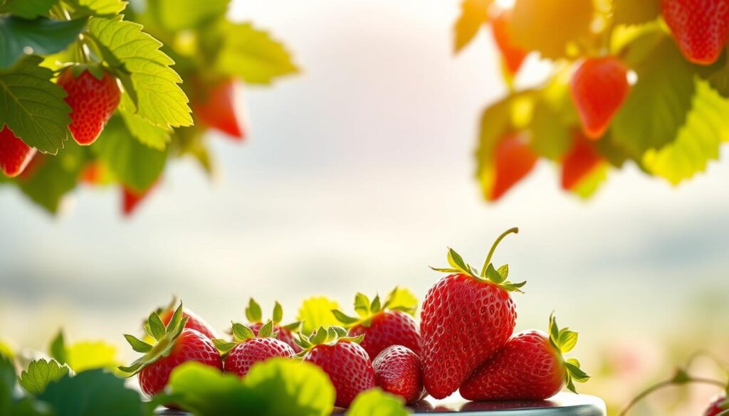 A vibrant strawberry field set against a soft, hazy backdrop. In the foreground, a delicate strawberry sits atop a scale, its ruby-red hue glistening under warm, natural lighting. The middle ground features a selection of fresh, juicy strawberries arranged in a visually appealing manner, complemented by lush green leaves that frame the scene. The background depicts a tranquil, blurred landscape, conveying a sense of peacefulness and balance. The overall composition emphasizes the health-conscious nature of the image, capturing the essence of strawberries in a calorie-conscious diet. A vibrant strawberry field set against a soft, hazy backdrop. In the foreground, a delicate strawberry sits atop a scale, its ruby-red hue glistening under warm, natural lighting. The middle ground features a selection of fresh, juicy strawberries arranged in a visually appealing manner, complemented by lush green leaves that frame the scene. The background depicts a tranquil, blurred landscape, conveying a sense of peacefulness and balance. The overall composition emphasizes the health-conscious nature of the image, capturing the essence of strawberries in a calorie-conscious diet.