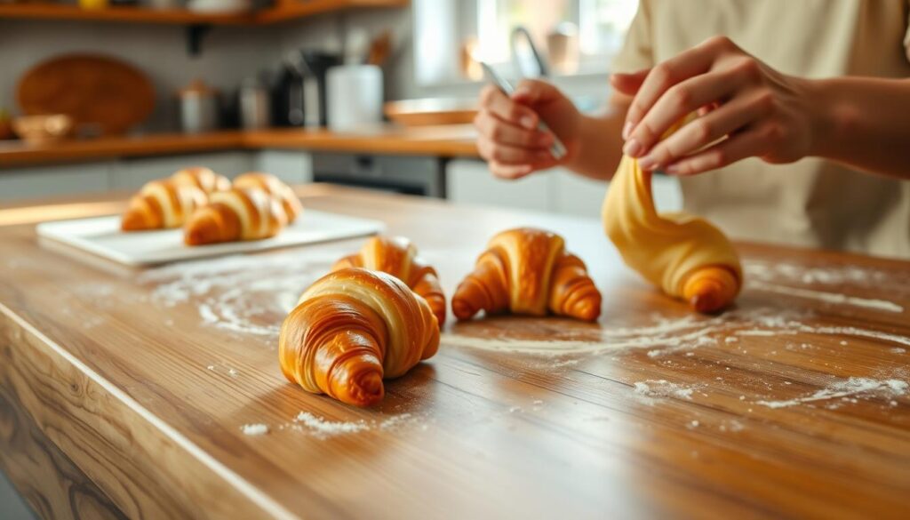 A warm, inviting kitchen scene with a wooden table in the foreground. On the table, a step-by-step process of carefully shaping and rolling delicate, golden brown croissants. Precise hand movements knead and twist the rich, buttery dough, forming the iconic crescent shape. Soft natural lighting casts gentle shadows, accentuating the flaky textures. In the background, a cozy atmosphere with subtle kitchen accents, hinting at the care and tradition behind the recipe. The overall mood is one of artisanal craftsmanship and homemade comfort.