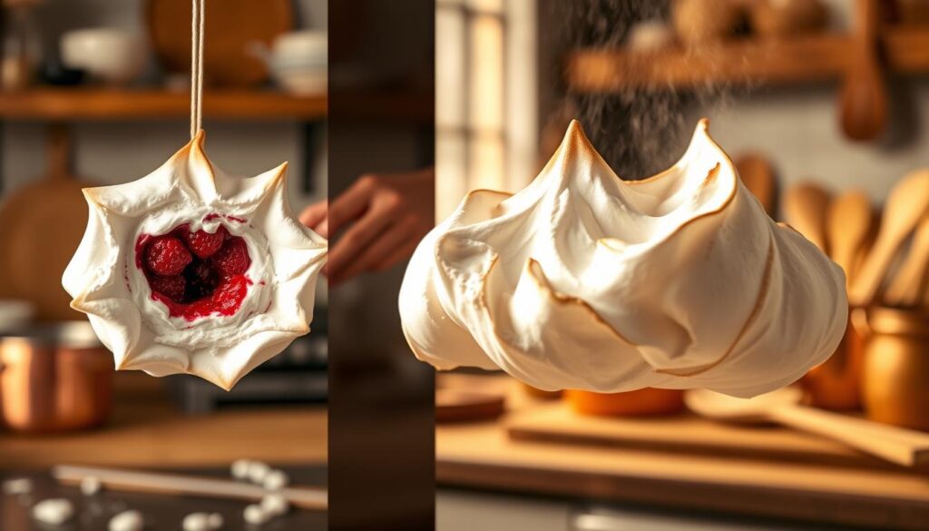 Baking a raspberry cloud step-by-step: A soft, fluffy confection suspended in a warm, golden light. In the foreground, delicate meringue peaks are gently torched, revealing a vibrant raspberry center. The middle ground showcases the preparation process - a chef's hands carefully folding the whipped egg whites and fruit puree. The background depicts a cozy kitchen, with copper pots and wooden utensils adding a rustic, homey ambiance. The overall scene evokes a sense of comfort, creativity, and the joy of baking. Captured with a shallow depth of field, the image draws the viewer's focus to the exquisite texture and color of the raspberry cloud.