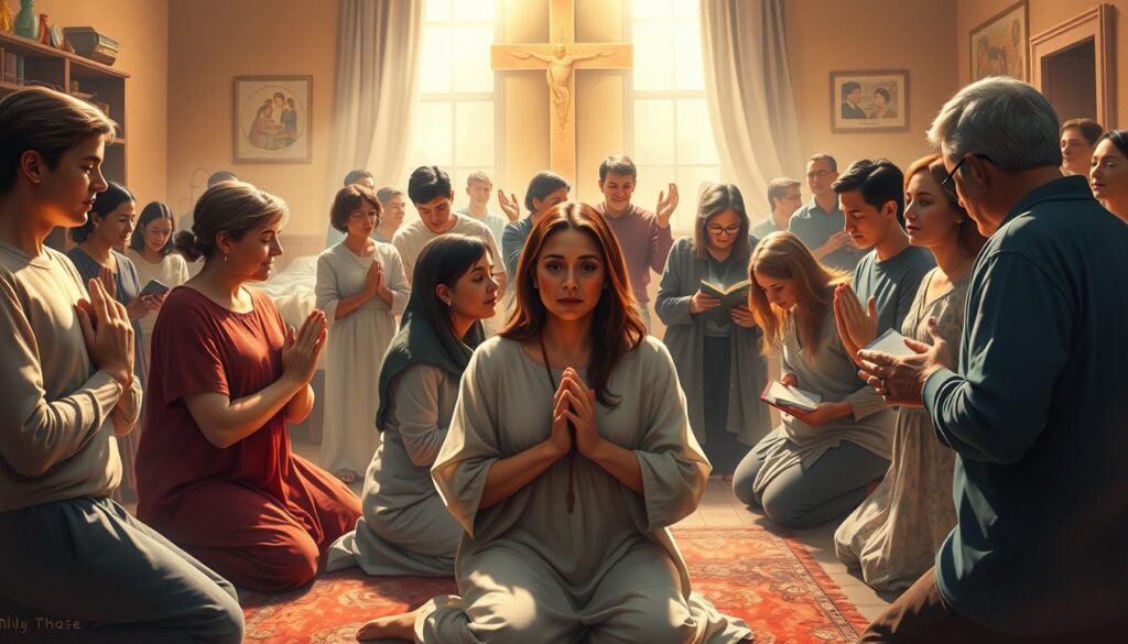 Detailed digital painting of people praying the Litany of the Blood of Christ in various life situations. Warm, soft lighting illuminates the serene expressions and gestures as they seek divine guidance and comfort. The foreground features individuals kneeling in prayer, with hands clasped and faces uplifted. The middle ground depicts groups gathered in reflection, some with Rosaries and sacred texts. The background showcases diverse settings - a family home, a hospital bed, a place of work - all linked by the common thread of turning to the Blood of Christ. The composition exudes a contemplative, reverent atmosphere, inviting the viewer to meditate on the power of this devotion in everyday life. Detailed digital painting of people praying the Litany of the Blood of Christ in various life situations. Warm, soft lighting illuminates the serene expressions and gestures as they seek divine guidance and comfort. The foreground features individuals kneeling in prayer, with hands clasped and faces uplifted. The middle ground depicts groups gathered in reflection, some with Rosaries and sacred texts. The background showcases diverse settings - a family home, a hospital bed, a place of work - all linked by the common thread of turning to the Blood of Christ. The composition exudes a contemplative, reverent atmosphere, inviting the viewer to meditate on the power of this devotion in everyday life.