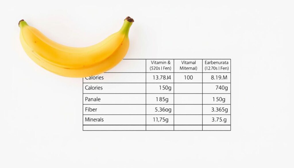 Detailed, high-resolution image of a nutritional table showcasing the nutritional values of bananas. The table should be presented on a plain white background, with clean, minimalist design and clear, easy-to-read text. The table should display the key nutritional information such as calories, carbohydrates, fiber, vitamins, and minerals. Render the table with a crisp, sharp focus and warm, natural lighting to create a clean, professional appearance. Avoid any distracting elements, and ensure the table takes up the majority of the frame to clearly convey the subject matter.