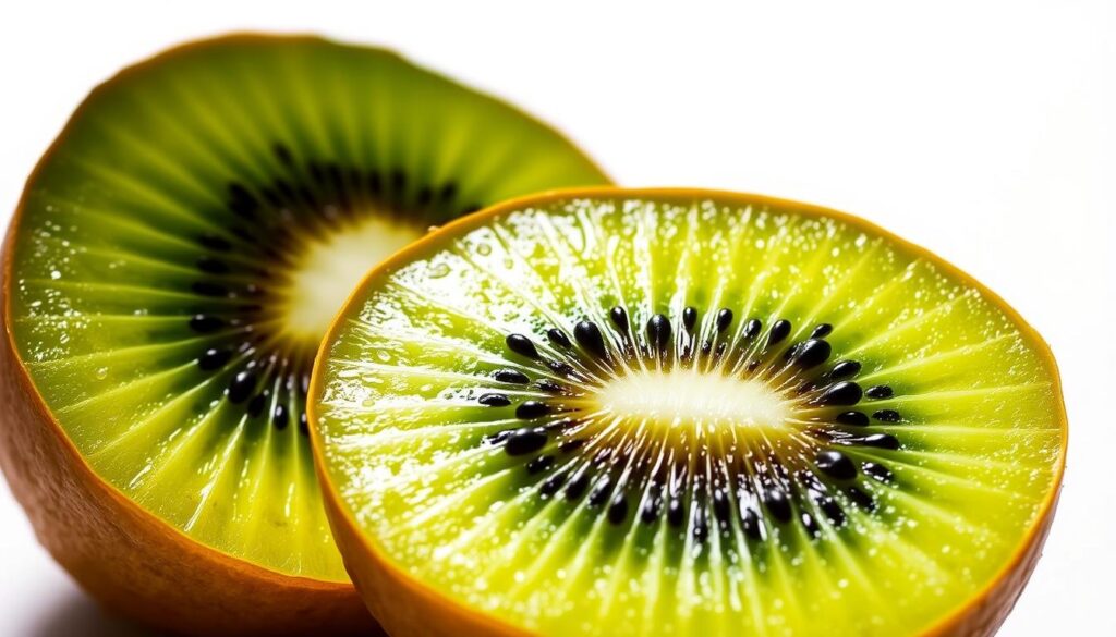Detailed illustration of a fresh, ripe kiwi fruit cut in half, showcasing its bright green flesh with black seeds. Soft lighting from the side creates subtle shadows, highlighting the fruit's vibrant color and natural texture. The image is captured at a slightly tilted angle, providing a visually engaging composition. The background is clean and minimalist, allowing the kiwi to be the focal point. The image conveys a sense of health, nutrition, and natural goodness, suitable for illustrating the "Calories in Kiwi: Amounts per 100 grams" section of the article.