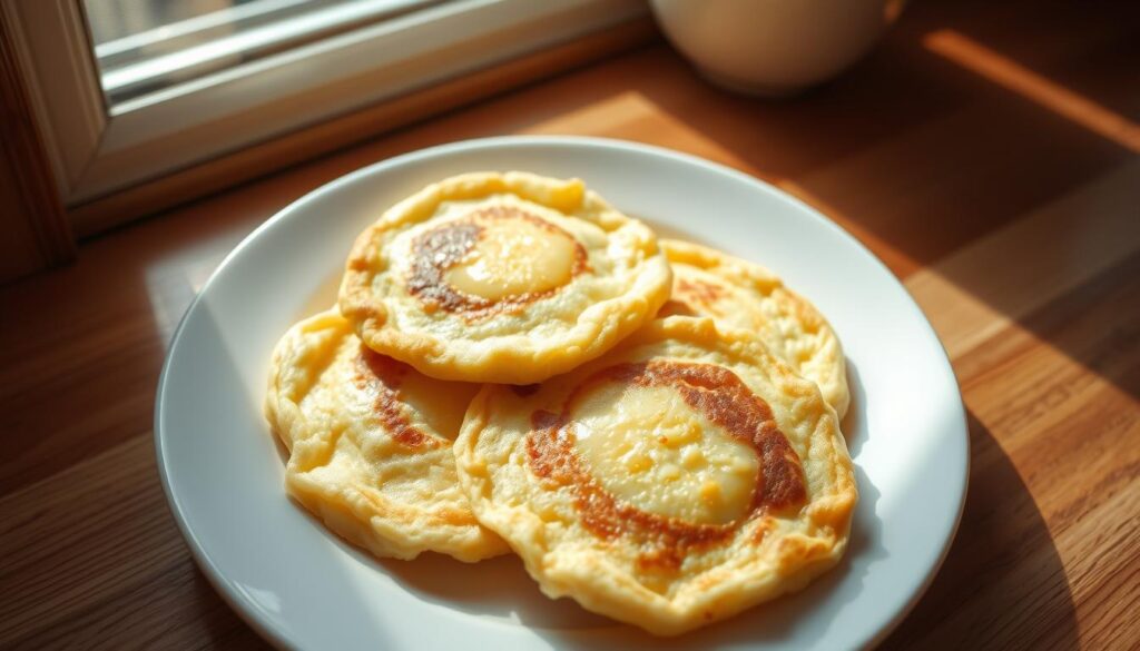 Detailed image of perfectly cooked egg patties, the signature "Kotlety z Jajek" from Sister Anastazja's recipe. Soft, golden-brown exterior with a lightly crisp edge, revealing a moist, fluffy interior. Gently arranged on a pristine white plate, the patties cast soft shadows, illuminated by warm, natural light filtering through a window. Subtle background features polished wood surfaces, complementing the simple yet elegant presentation. Conveys a sense of homemade comfort and attention to culinary craft.