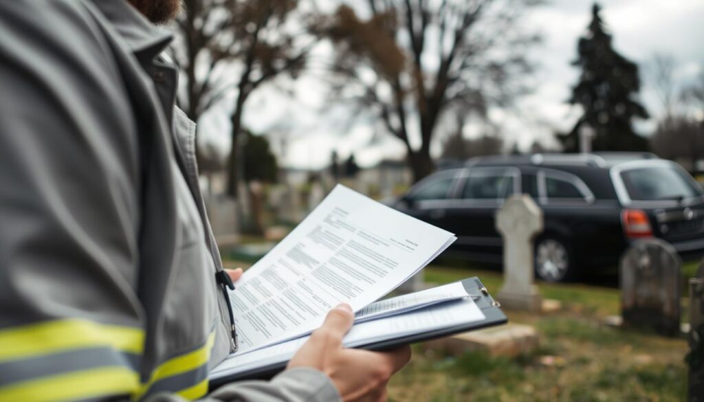 Detailed image of the factors influencing the costs of exhuming and transferring a body to another cemetery. In the foreground, a close-up view of a cemetery worker holding a clipboard and examining various documents related to the exhumation process. In the middle ground, a hearse is shown, symbolizing the transportation of the deceased. The background depicts the exterior of a cemetery, with tombstones, trees, and a somber, overcast sky conveying a solemn atmosphere. The lighting is soft and muted, emphasizing the gravity of the situation. The camera angle is slightly elevated, offering a comprehensive view of the scene and the elements that contribute to the overall costs of the body transfer.