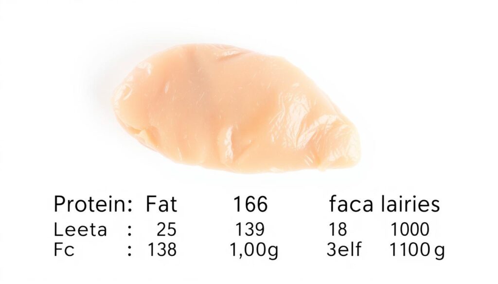 Detailed macro nutritional breakdown of a chicken breast fillet on a clean white background. High-quality photographic image with natural lighting and depth of field. The chicken fillet is displayed prominently in the center, showcasing its texture and freshness. Precise numerical values for protein, fat, carbohydrates, and calories per 100g are presented in a clear, legible font. The overall composition is clean, minimalist, and informative, suitable for use in a nutritional article.