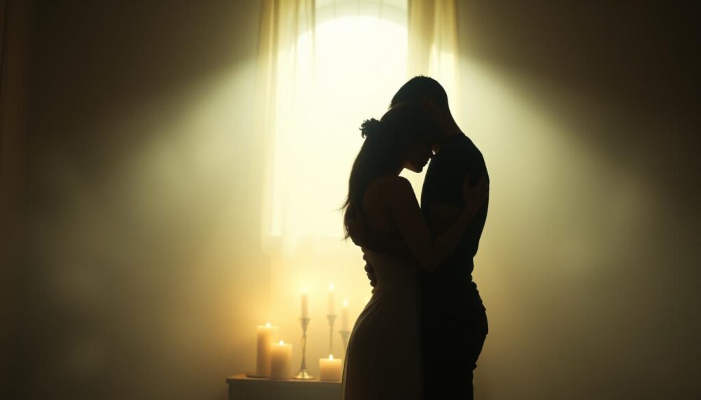 Intimate embrace of two figures in a serene, candlelit room, their silhouettes bathed in a soft, golden glow. Delicate gestures and subtle touches convey a profound, spiritual connection between the partners, transcending the physical. The scene evokes a sense of reverence and deep, emotional intimacy, blurring the lines between carnal desire and transcendent spirituality. Muted tones and hazy, impressionistic details create an atmosphere of introspection and contemplation, inviting the viewer to ponder the nuanced relationship between the physical and the metaphysical.
