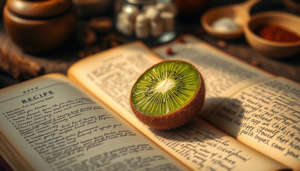 Kiwi fruit nestled among handwritten culinary recipes, delicately illuminated by warm, soft lighting. Detailed recipe pages fill the middle ground, with a blurred background of kitchen utensils and spices. The kiwi's vibrant green flesh stands out, its fuzzy brown skin contrasting with the aged, yellowed pages. A subtle depth of field creates a cozy, intimate atmosphere, inviting the viewer to explore the harmonious fusion of nature's bounty and the culinary arts.