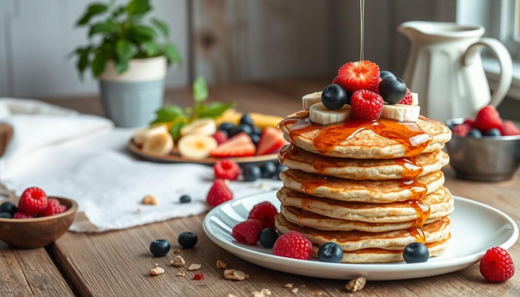 Vibrant, healthy pancake alternatives depicted in a rustic, farmhouse-inspired setting. In the foreground, a stack of fluffy protein-rich pancakes made with wholesome ingredients like oats, eggs, and Greek yogurt, drizzled with a honey-sweetened fruit compote. In the middle ground, an artful arrangement of fresh berries, sliced bananas, and a sprinkle of chopped nuts. The background features a wooden tabletop with a linen tablecloth, complemented by a potted herb plant and a simple ceramic pitcher, all bathed in soft, natural lighting to create a soothing, appetizing atmosphere.