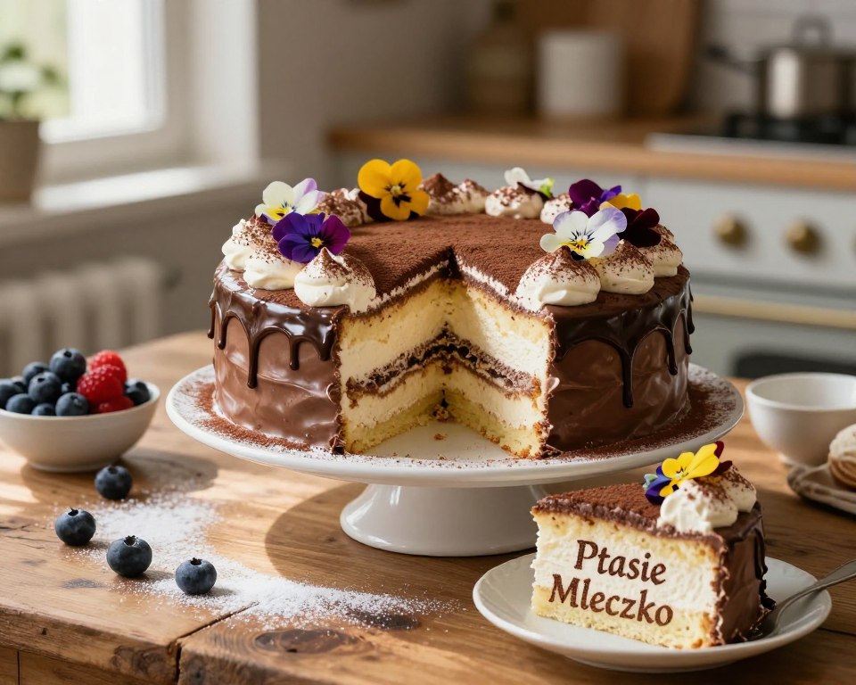A beautifully arranged cake inspired by "Ptasie Mleczko," set on an elegant white dessert plate. The cake is layered with a rich chocolate ganache and fluffy marshmallow cream, garnished with cocoa powder and delicate edible flowers. In the foreground, a slice of the cake reveals its creamy, airy texture, with a glossy chocolate glaze draping over the sides. The middle ground features a rustic wooden table adorned with small bowls of fresh berries and a dusting of powdered sugar. Soft, warm natural light filters in from a nearby window, casting gentle shadows and creating a cozy atmosphere. The background is softly blurred, with hints of a charming kitchen setting, evoking a sense of home and comfort associated with treasured family recipes.
