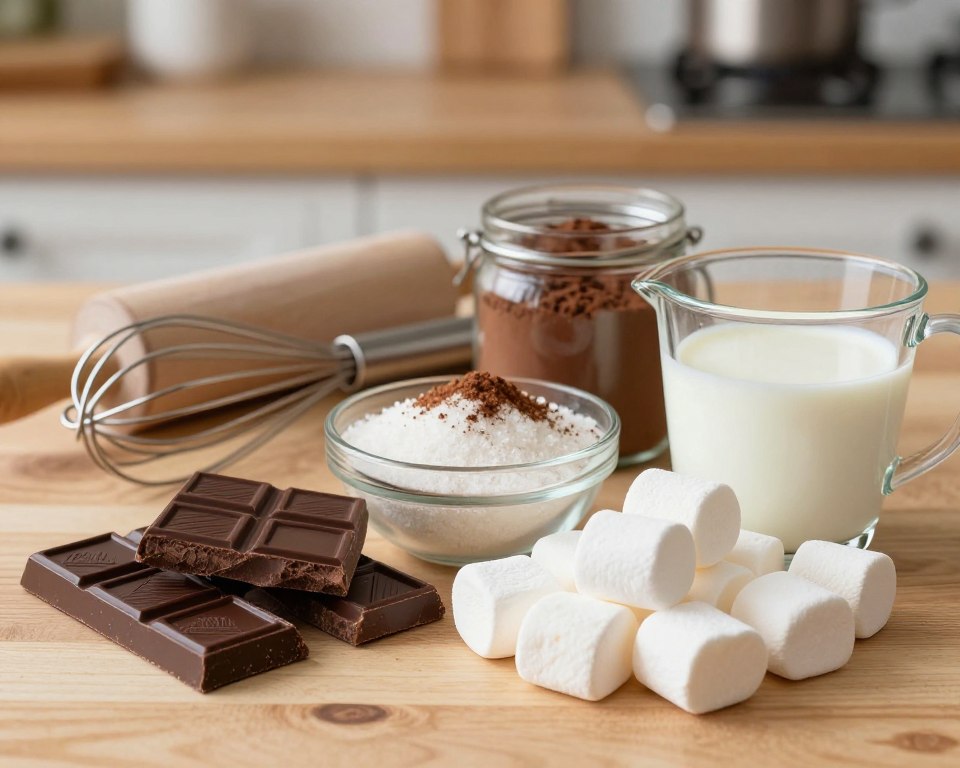 A beautifully arranged collection of ingredients for a dessert, showcasing the essential components to make "Ptasie Mleczko." In the foreground, display rich dark chocolate bars, soft white marshmallows, a bowl of fine sugar, a jar of cocoa powder, and a measuring cup filled with creamy milk. The middle ground features delicate decorative items like a whisk and a rolling pin, emphasizing the baking process. The background includes a wooden countertop with a soft, warm light cascading down, creating a cozy atmosphere. Use a shallow depth of field to create a soft blur behind the ingredients, adding focus to the vibrant textures and colors of the ingredients on the table. Overall, aim for a harmonious and inviting kitchen scene that inspires preparation.