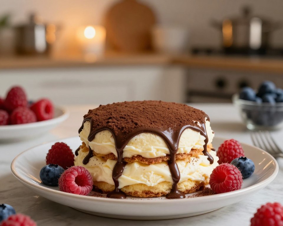 A beautifully arranged dessert featuring layers of creamy Ptasie Mleczko on a delicate porcelain plate. In the foreground, the dessert is artfully stacked, showcasing its soft, fluffy texture, adorned with a sprinkle of cocoa powder and drizzles of rich chocolate sauce. Surrounding the dessert are fresh berries—raspberries and blueberries—adding a burst of color. In the middle ground, a softly blurred background reveals an elegant kitchen setting with warm, ambient lighting, enhancing the dessert's inviting appeal. The focus should be sharp on the dessert while the depth of field allows subtle hints of kitchen tools and ingredients. The atmosphere is warm and cozy, evoking a sense of indulgence and delight.