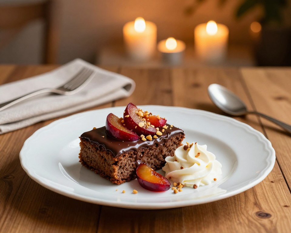 A beautifully arranged dessert showcasing "Ciasto Pijana Śliwka" placed on an elegant white porcelain plate. In the foreground, the moist cake is topped with rich chocolate ganache and garnished with vibrant slices of plum and a sprinkle of crushed nuts. A delicate dollop of whipped cream sits on the side, adding a touch of elegance. The middle ground features a tastefully set wooden table, adorned with a stylish linen napkin and a fork elegant enough for fine dining. The background consists of softly blurred warm lighting from hanging candles casting a welcoming glow, creating an inviting atmosphere. The overall mood reflects a luxurious dessert experience, perfect for a special occasion, captured from a slightly elevated angle to enhance depth and detail.