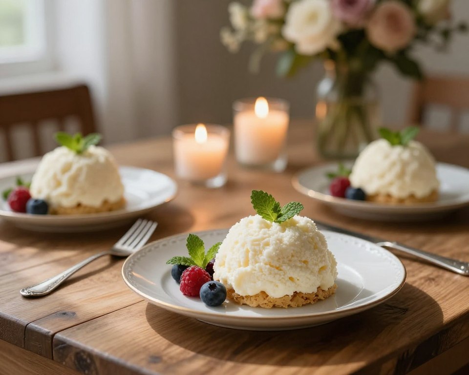 A beautifully arranged dessert table featuring a delicate Ptasie Mleczko (bird's milk) confection, showcasing its soft, fluffy texture and elegant presentation. In the foreground, focus on an exquisite plate of Ptasie Mleczko, garnished with fresh berries and mint leaves, highlighting the dessert’s intricate details. In the middle, softly lit candles create a warm ambiance, while a stylish serving utensil lies beside the plate. The background includes a rustic wooden table and a blurred floral arrangement, enhancing a cozy atmosphere. Natural light filters in, casting gentle shadows and adding a dreamy quality to the scene. The overall mood is inviting and sophisticated, perfect for inspiring culinary creativity and perfection in dessert preparation.