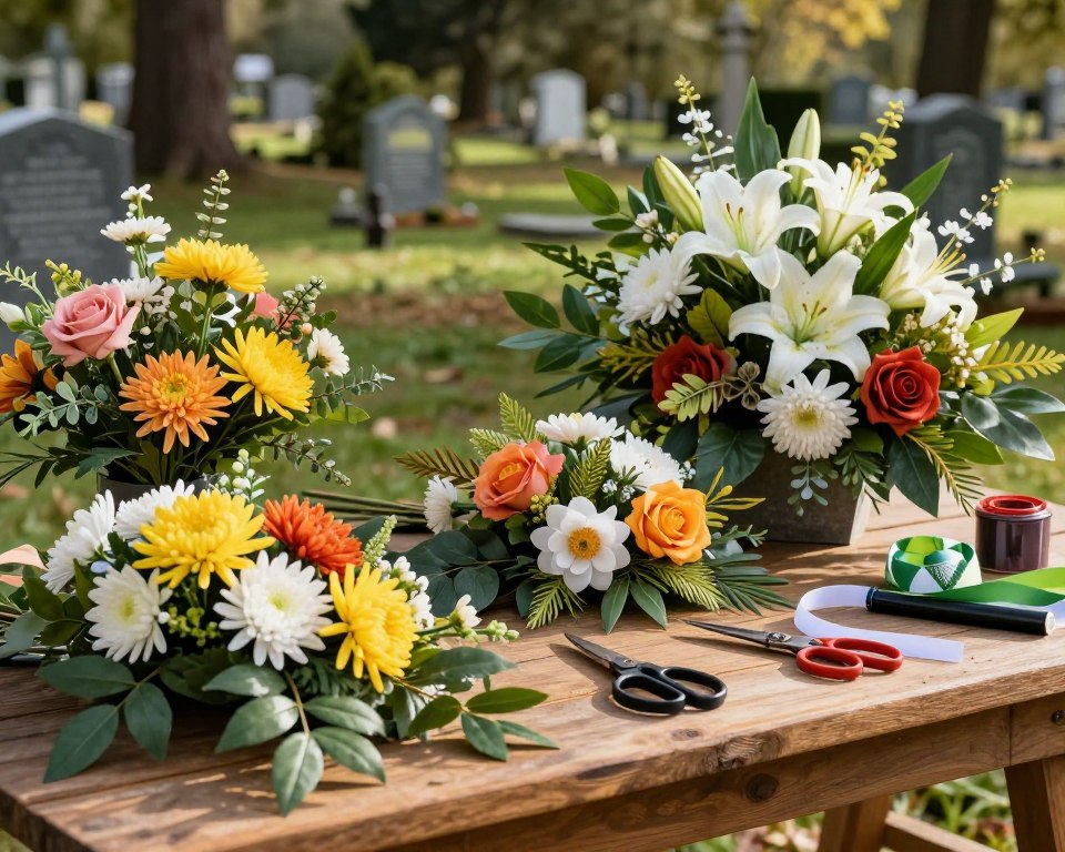 A beautifully arranged display of "materiały do stroika cmentarznego," featuring an assortment of floral elements, including vibrant artificial flowers such as chrysanthemums, roses, and lilies, intertwined with lush green foliage. Scattered around are crafting tools like scissors, floral wire, and ribbon in warm, natural lighting that casts gentle shadows, emphasizing texture. In the foreground, a rustic wooden table holds a partially assembled arrangement, while in the background, soft, blurred hints of a serene cemetery landscape with gravestones and trees add context without distraction. The mood is peaceful and reflective, capturing the essence of honoring loved ones through craftsmanship and creativity. Please ensure no text or branding elements are present in the image.