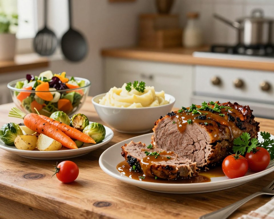 A beautifully arranged display of traditional side dishes and garnishes for "Pieczeń Rzymska," featuring vibrant roasted vegetables such as carrots, Brussels sprouts, and potatoes, drizzled with a rich herb-infused sauce. In the foreground, a rustic wooden table showcases a glistening slice of the meatloaf with garnishes of fresh parsley and cherry tomatoes. In the middle, there are bowls of creamy mashed potatoes and a colorful salad, all artfully presented. The background includes a softly lit kitchen setting with vintage cooking utensils hanging, creating a warm and inviting atmosphere. Natural light streams in, highlighting the textures of the food, with a shallow depth of field for a cozy, intimate feeling.