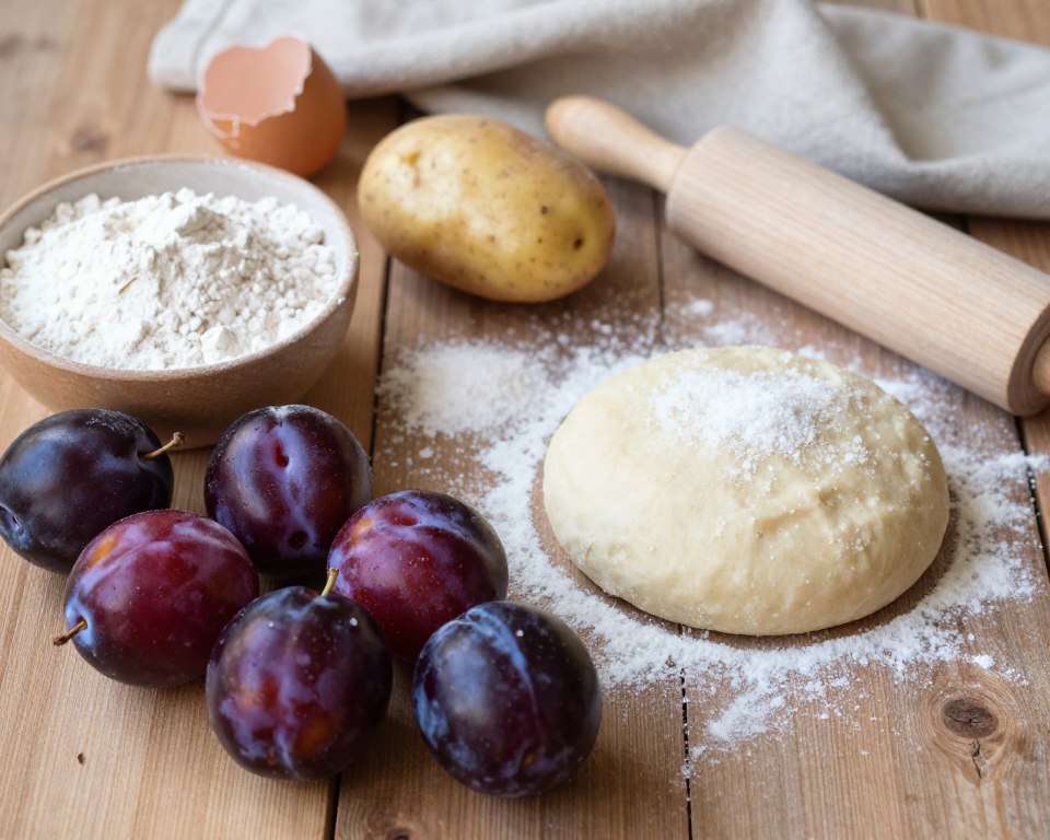 A beautifully arranged flat lay of ingredients for knedle ze śliwkami on a rustic wooden table. In the foreground, fresh plums, their deep purple skin glistening, surrounded by flour in a small bowl and a cracked egg. In the middle, a light dusting of sugar and a pinch of salt sit beside a potato, symbolizing the traditional ingredient for dough. A rolling pin lies nearby, adding to the domestic kitchen setting. In the background, softly focused textures of a linen cloth and soft natural light create a warm, inviting atmosphere. The overall mood is cozy and homey, evoking the essence of traditional cooking.