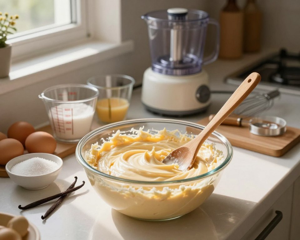 A beautifully arranged kitchen counter showcasing the preparation of cheese mass for cheesecake. In the foreground, there is a large mixing bowl filled with smooth, creamy cheese mass, surrounded by various ingredients like eggs, sugar, and vanilla beans. A whisk rests beside the bowl, and a wooden spoon is dipped into the mixture. In the middle ground, a neatly organized array of kitchen tools, including measuring cups and a food processor, enhances the preparation scene. The background features a warm and inviting kitchen, sunlight streaming through a window, casting soft shadows. The overall mood is cozy and welcoming, perfect for home cooking. The focus is sharp on the cheese mass while the background gently blurs, emphasizing the subject's importance.