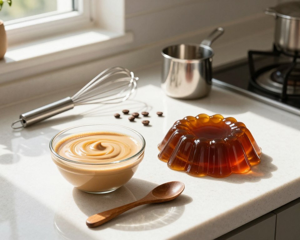 A beautifully arranged kitchen countertop scene capturing the preparation of coffee cream and jelly. In the foreground, a glass bowl filled with velvety coffee cream sits alongside a small, wooden spoon, with soft swirls and a light caramel color. Beside it, a vibrant, glistening dish of thin jelly sparkles in shades of rich brown with hints of gold. The middle ground showcases a stainless steel whisk and a measuring cup, with scattered coffee beans artistically arranged. In the background, warm sunlight streams through a nearby window, casting soft shadows and creating a cozy, inviting atmosphere. The composition focuses on a tidy, modern kitchen with a subtle rustic touch, enhancing the dessert’s delightful elegance.