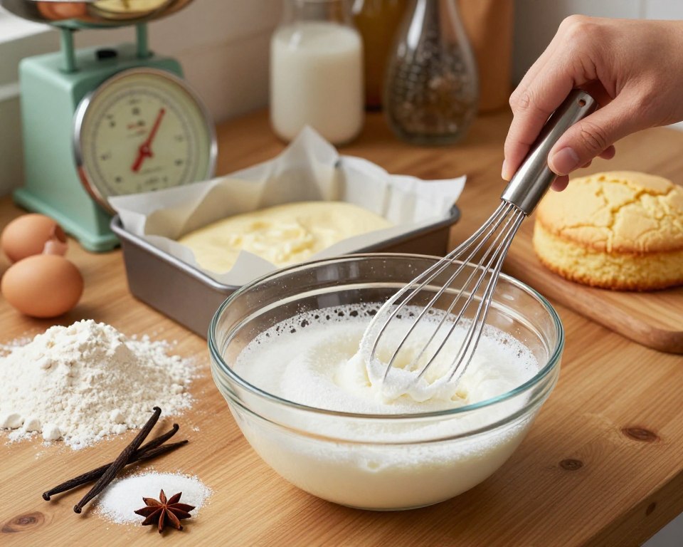 A beautifully arranged kitchen scene capturing the step-by-step preparation of a light and fluffy cake made from egg whites. In the foreground, a clear glass mixing bowl filled with frothy egg whites, a hand using a whisk to gently blend in sugar. Various ingredients like flour and vanilla extract are artfully arranged nearby. In the middle, a parchment-lined baking pan awaits the batter, with a vintage weighing scale showing precise measurements. The background features soft, warm lighting that creates an inviting atmosphere, with a rustic wooden countertop and delicate kitchen utensils on display. The focus is sharply on the mixing process, evoking a sense of joy and culinary craftsmanship. A beautifully arranged kitchen scene capturing the step-by-step preparation of a light and fluffy cake made from egg whites. In the foreground, a clear glass mixing bowl filled with frothy egg whites, a hand using a whisk to gently blend in sugar. Various ingredients like flour and vanilla extract are artfully arranged nearby. In the middle, a parchment-lined baking pan awaits the batter, with a vintage weighing scale showing precise measurements. The background features soft, warm lighting that creates an inviting atmosphere, with a rustic wooden countertop and delicate kitchen utensils on display. The focus is sharply on the mixing process, evoking a sense of joy and culinary craftsmanship.