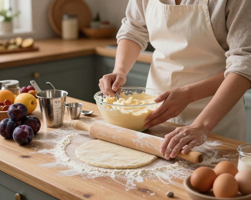 A beautifully arranged kitchen scene focusing on the art of pastry preparation. In the foreground, a wooden countertop is adorned with flour, a rolling pin, and fresh ingredients like plums and eggs, showcasing the dough for Ciasto Pijana Śliwka being skillfully rolled out. In the middle, a mixing bowl with creamy, light-colored pastry cream is surrounded by measuring cups and spoons, while a chef, dressed in a white apron and modest attire, intently mixes the batter. The background features soft, warm lighting that casts a gentle glow on an assortment of baking tools and fresh fruit. The atmosphere is inviting and cozy, evoking a sense of culinary creativity and mastery in the art of baking.
