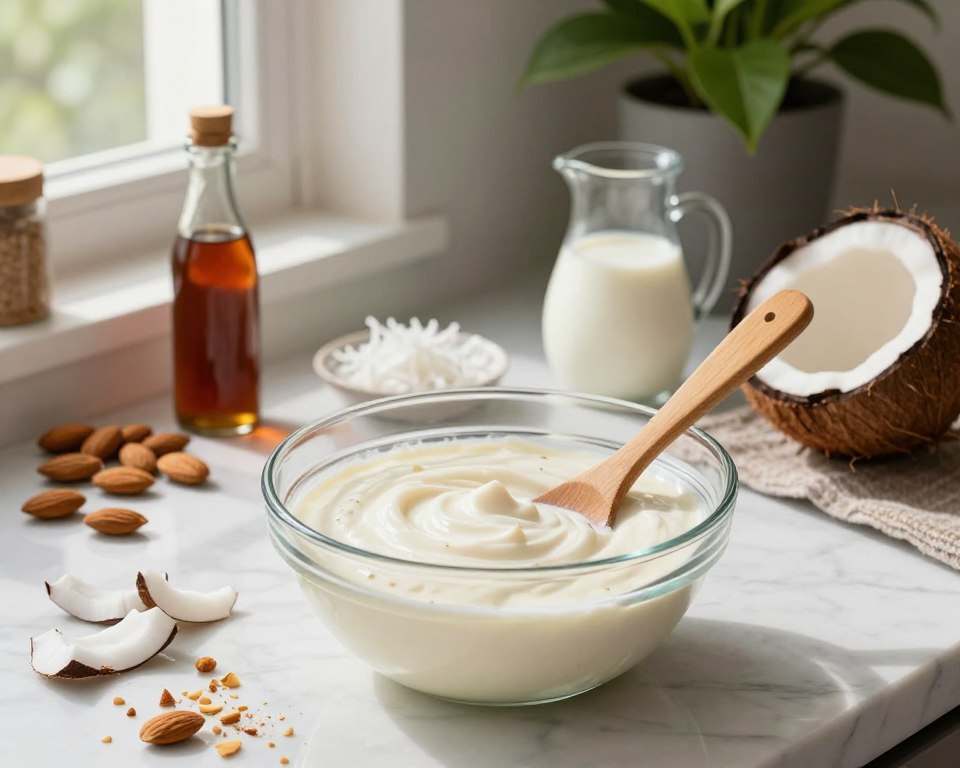 A beautifully arranged kitchen scene for preparing coconut-almond cream. In the foreground, a glass mixing bowl filled with creamy, velvety coconut-almond mixture, with a wooden spatula resting beside it. Smooth flakes of coconut and finely chopped almonds scattered nearby. In the middle, a marble countertop adorned with raw ingredients: whole almonds, shredded coconut, a bottle of vanilla extract, and a small jug of milk, artfully placed for a natural look. The background features warm, soft natural lighting streaming through a window, casting gentle shadows, with kitchen utensils and a lush potted plant adding life to the space. The mood is inviting and cozy, evoking the joy of home baking.