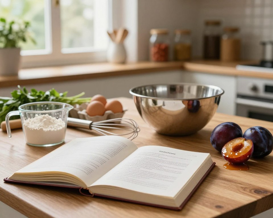A beautifully arranged kitchen scene showcasing practical baking tips for a dessert. In the foreground, a wooden table features an open recipe book, a measuring cup filled with flour, a whisk, and ripe plums halved, glistening with syrup. In the middle, a mixing bowl is accompanied by fresh ingredients like eggs and sugar, reflecting a cozy and inviting atmosphere. In the background, soft natural light streams through a window, illuminating baking tools and ingredients artfully scattered around. The kitchen has warm, earthy tones, with shelves filled with jars of spices and fresh herbs. The entire composition should evoke a sense of warmth, creativity, and the joy of baking, perfect for guiding readers on practical tips.