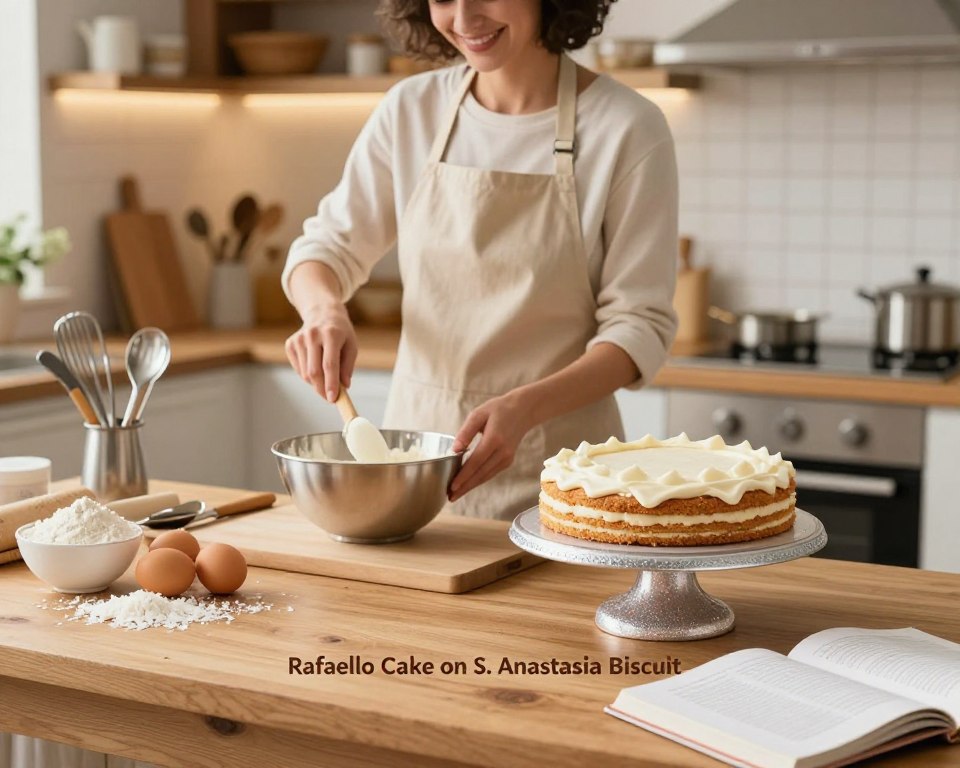 A beautifully arranged kitchen scene showcasing practical tips for baking a dessert, focusing on the elegant "Rafaello Cake on S. Anastasia Biscuit". In the foreground, display a wooden table topped with ingredients: coconut flakes, flour, eggs, and a shimmering cake stand holding a perfectly frosted Rafaello cake. In the middle ground, a cheerful baker in a neat apron is carefully measuring ingredients, surrounded by utensils and a mixing bowl. The background features a well-organized kitchen with warm lighting that creates a cozy atmosphere, brightening the space. Soft-focus elements, such as a cookbook opened to the recipe, enhance the inviting mood. The angle is slightly elevated, capturing the entire scene from a warm and inviting perspective, emphasizing the joy of baking with practical advice.