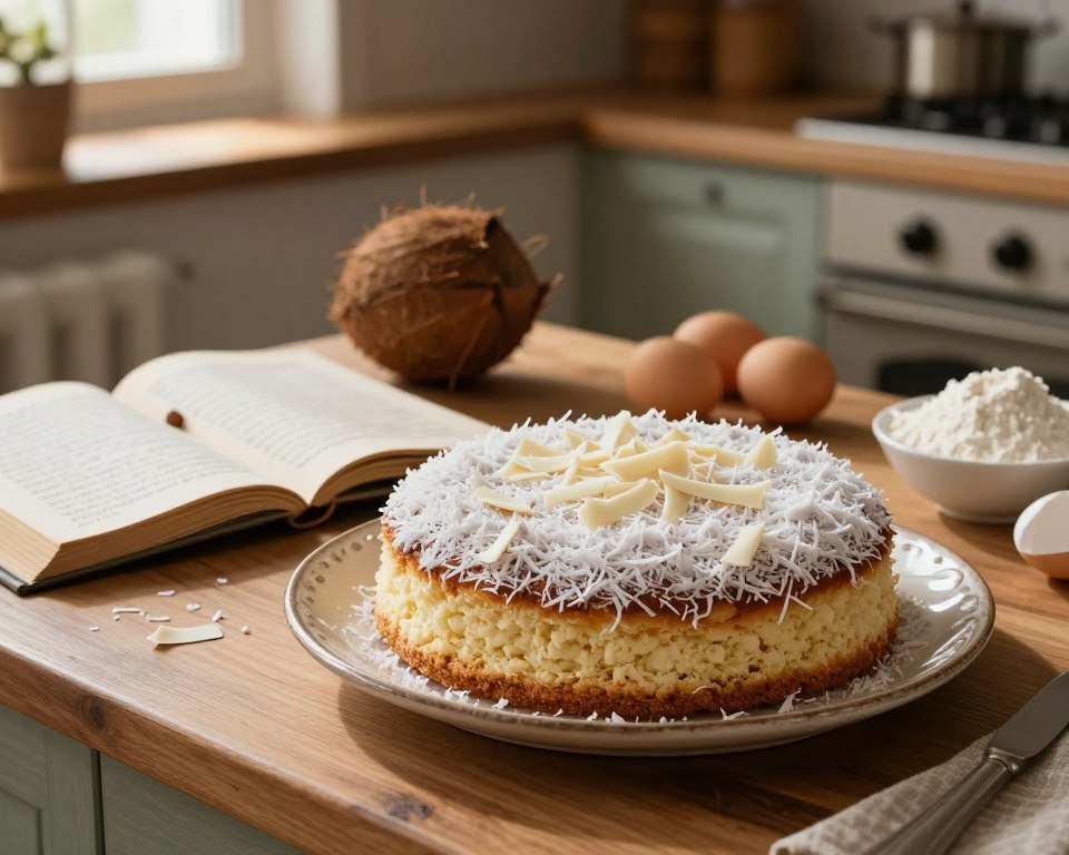A beautifully arranged kitchen scene that embodies the essence of "Historia przepisu siostry anastazji." In the foreground, a delightful coconut cake sits elegantly on a vintage ceramic plate, the biszkopcie base light and fluffy, topped with a generous layer of shredded coconut and delicate white chocolate shavings. In the middle, a wooden countertop features open recipe books, handwritten notes, and vibrant fresh ingredients like coconuts, eggs, and flour, surrounding the cake. The background shows warm, soft-lit cabinetry with a hint of rustic charm, giving the scene a nostalgic feel. The lighting is warm and inviting, reminiscent of early morning sunlight filtering through a window. This image captures the mood of inspiration and creativity in the kitchen, celebrating culinary heritage.