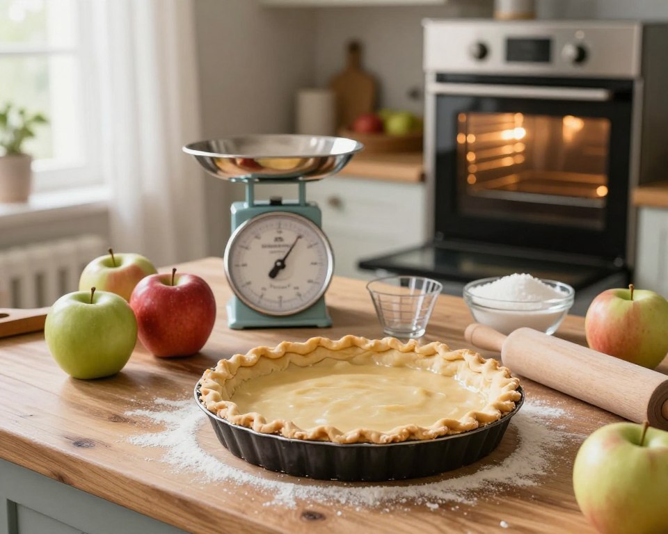 A beautifully arranged kitchen setting that showcases the optimal conditions for baking a perfect apple pie. In the foreground, there is a rustic wooden countertop with a freshly prepared pie crust, floured and ready for filling. Surrounding the pie are ingredients like crisp green and red apples, a bowl of sugar, and a rolling pin. In the middle, an elegant kitchen scale and measuring cups provide a sense of precision. The background features a softly lit oven with its door slightly ajar, hinting at the warmth inside. Natural light streams in through a window adorned with sheer curtains, creating a cozy atmosphere filled with anticipation. The overall mood is inviting, warm, and ideal for sharing baking tips and tricks. A beautifully arranged kitchen setting that showcases the optimal conditions for baking a perfect apple pie. In the foreground, there is a rustic wooden countertop with a freshly prepared pie crust, floured and ready for filling. Surrounding the pie are ingredients like crisp green and red apples, a bowl of sugar, and a rolling pin. In the middle, an elegant kitchen scale and measuring cups provide a sense of precision. The background features a softly lit oven with its door slightly ajar, hinting at the warmth inside. Natural light streams in through a window adorned with sheer curtains, creating a cozy atmosphere filled with anticipation. The overall mood is inviting, warm, and ideal for sharing baking tips and tricks.