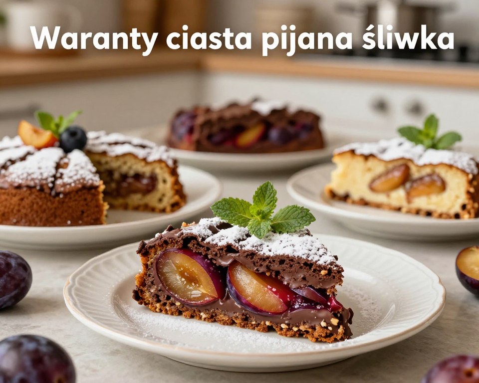 A beautifully arranged plate of "Warianty ciasta pijana śliwka" showcasing various adaptations of the traditional plum cake. In the foreground, highlight a slice of moist, chocolate-covered cake garnished with thinly sliced plums, a dusting of powdered sugar, and a sprig of mint for color. In the middle ground, display additional variations of the cake, such as different toppings and textures, emphasizing their richness and color. The background should softly blur to a cozy kitchen setting, with warm lighting that creates an inviting atmosphere. Capture the scene from a slightly elevated angle, giving depth and focusing on the cake while maintaining a warm, homely vibe that evokes a sense of comfort and indulgence in enjoying these popular recipe modifications.