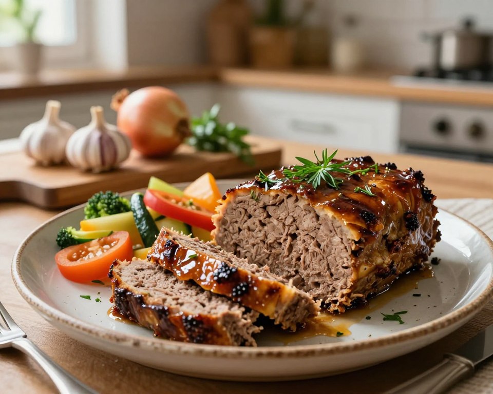 A beautifully arranged plate of pieczeń rzymska, also known as meatloaf, garnished with fresh herbs and served alongside a vibrant mix of seasonal vegetables. In the foreground, the meatloaf is sliced to reveal its juicy, tender texture, with a glossy glaze reflecting the light. The plate is rustic, made of ceramic, with a homely texture that evokes warmth. In the middle ground, a wooden cutting board displays additional ingredients like fresh garlic, onion, and herbs, hinting at the traditional recipe origin. The background features a softly lit kitchen atmosphere, with warm tones and natural light streaming in from a window, creating a cozy and inviting mood. The focus is sharp on the meatloaf while the background remains gently blurred to emphasize the dish.