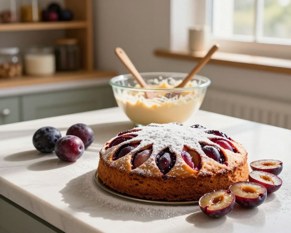 A beautifully arranged scene of a kitchen countertop featuring a freshly baked plum cake, inspired by Sister Anastasia’s recipe. In the foreground, a golden-brown cake adorned with plump California plums, some sliced and arranged artistically around it. A dusting of powdered sugar creates a delicate finish. In the middle, a mixing bowl filled with cake batter, wooden spoon resting inside, and a few plums scattered nearby, hinting at the preparation process. The background features wooden shelves with various baking ingredients, softly lit by warm, natural sunlight streaming through a nearby window, creating a cozy and inviting atmosphere. The overall mood is warm and homely, capturing the essence of baking a prized family dessert.