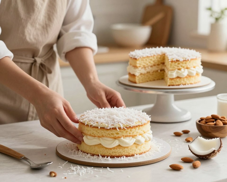 A beautifully arranged scene showcasing the process of assembling layers of a Raffaello cake on a delicate sponge base, inspired by Sister Anastasia's recipe. In the foreground, a skilled pastry chef clad in modest casual clothing is carefully placing layers of creamy coconut filling and coconut shavings between soft, fluffy sponge layers. Elegant ingredients like shredded coconut and whole almonds are artfully scattered around the preparation area. In the middle ground, a decorated cake stand holds the partially assembled cake, while light, airy kitchen decor creates a warm and inviting atmosphere. The background features soft-focus kitchen elements, such as mixing bowls and utensils, bathed in warm, natural light, enhancing the radiant, cozy feel of a home baking experience.