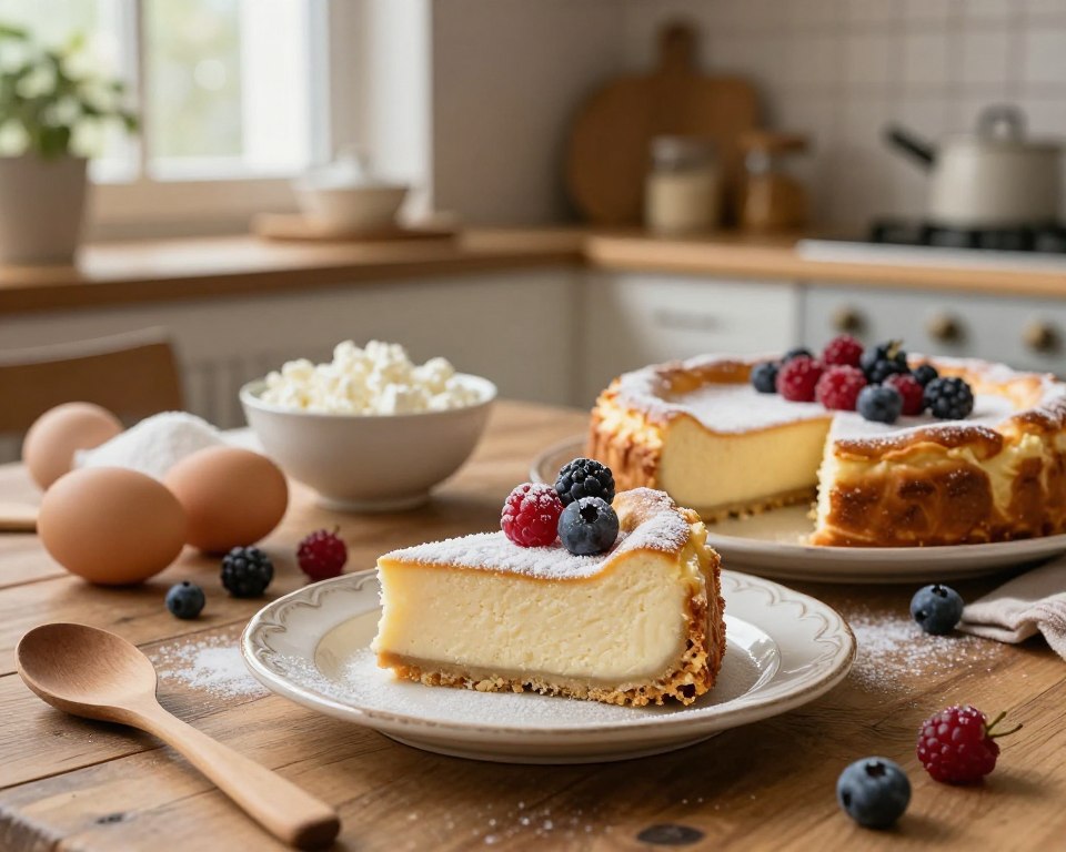 A beautifully arranged slice of "Sernik Gotowany" on a rustic wooden table, showcasing its creamy texture topped with a light dusting of powdered sugar and fresh berries. In the foreground, a vintage plate holds a generous piece of the cheesecake, glistening under soft, natural light. In the middle, a bowl of fresh ingredients such as eggs, sugar, and cottage cheese hints at the simplicity of the recipe, while a wooden spoon leans against the bowl. The background features a cozy kitchen setting with warm, inviting colors, including shelves stocked with baking essentials and a softly lit window. The atmosphere is warm and welcoming, evoking the comfort of home baking. The scene captures the essence of tradition and simplicity in cooking, perfect for illustrating a heartfelt family recipe.