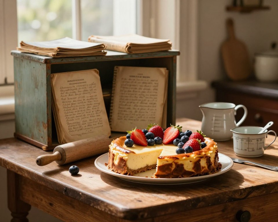 A beautifully arranged vintage kitchen scene showcasing the history of cheesecake. In the foreground, a classic wooden table with a freshly baked, uncut cheesecake, topped with seasonal fruits like strawberries and blueberries. A few antique kitchen utensils, such as a rolling pin and measuring cups, are scattered around. In the middle ground, a rustic cabinet filled with old cookbooks and handwritten recipes, hinting at the evolution of the cheesecake over time. The background features a soft-focus window with warm, natural light filtering in, casting delicate shadows, creating a cozy atmosphere. The overall mood is nostalgic and inviting, embracing the rich heritage of cheesecake making through generations. The image should evoke a sense of culinary artistry and tradition, without any text or watermarks.