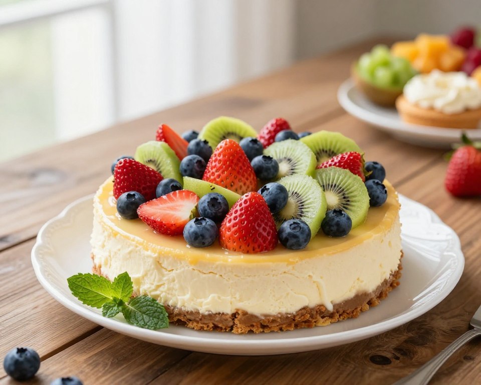 A beautifully decorated cheesecake topped with a vibrant array of fresh fruits like strawberries, blueberries, and kiwi, carefully arranged to enhance the creaminess of the cake. In the foreground, the cheesecake sits on an elegant white porcelain plate, with a delicate garnishing of mint leaves around it. The middle features a rustic wooden table that adds warmth to the scene. In the background, soft natural light floods the space, creating a cozy atmosphere, complemented by blurred hints of colorful fruit and pastry ingredients. The camera angle is slightly above, showcasing the cake's texture and vibrant toppings, evoking a sense of indulgence and celebration.