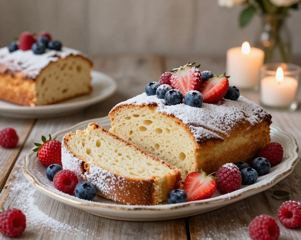 A beautifully presented "Babka z Białek," a light and fluffy cake, exquisitely decorated for a sophisticated dessert table. In the foreground, the cake is adorned with a delicate dusting of powdered sugar and a vibrant array of fresh berries, including strawberries, blueberries, and raspberries. The middle layer features elegant slices of the babka, revealing its airy texture, arranged artfully on a vintage ceramic platter. In the background, a softly blurred setting includes a rustic wooden table and gentle ambient lighting from nearby candles, creating a warm, inviting atmosphere. The composition captures the essence of a festive gathering, emphasizing elegance and freshness, with a focus on the cake as the centerpiece of attention. A beautifully presented "Babka z Białek," a light and fluffy cake, exquisitely decorated for a sophisticated dessert table. In the foreground, the cake is adorned with a delicate dusting of powdered sugar and a vibrant array of fresh berries, including strawberries, blueberries, and raspberries. The middle layer features elegant slices of the babka, revealing its airy texture, arranged artfully on a vintage ceramic platter. In the background, a softly blurred setting includes a rustic wooden table and gentle ambient lighting from nearby candles, creating a warm, inviting atmosphere. The composition captures the essence of a festive gathering, emphasizing elegance and freshness, with a focus on the cake as the centerpiece of attention.