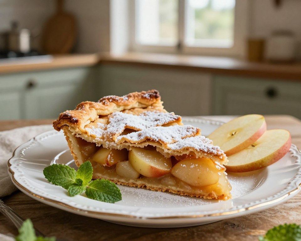 A beautifully presented slice of royal apple pie, known as "szarlotka królewska," elegantly displayed on a vintage porcelain plate. The pie is artfully arranged, showcasing its golden-brown, flaky crust, and a generous filling of perfectly cooked apples, dusted with powdered sugar on top. Surrounding the plate are delicate garnishes of fresh mint leaves and thin apple slices, enhancing the visual appeal. In the background, a softly focused rustic kitchen scene, with warm, diffused light illuminating the pie from a window, creates a cozy yet sophisticated atmosphere. The image captures the essence of an elegant dessert, inviting the viewer to savor its delightful flavors as if stepping into a royal kitchen. A beautifully presented slice of royal apple pie, known as "szarlotka królewska," elegantly displayed on a vintage porcelain plate. The pie is artfully arranged, showcasing its golden-brown, flaky crust, and a generous filling of perfectly cooked apples, dusted with powdered sugar on top. Surrounding the plate are delicate garnishes of fresh mint leaves and thin apple slices, enhancing the visual appeal. In the background, a softly focused rustic kitchen scene, with warm, diffused light illuminating the pie from a window, creates a cozy yet sophisticated atmosphere. The image captures the essence of an elegant dessert, inviting the viewer to savor its delightful flavors as if stepping into a royal kitchen.