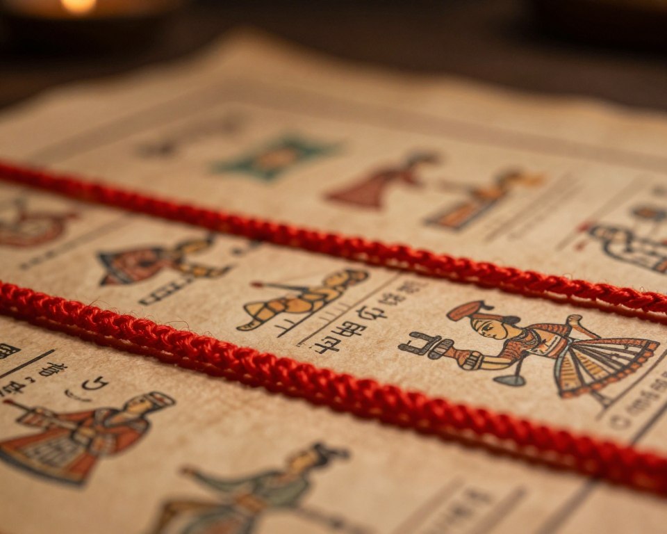 A close-up of a red thread intricately woven through ancient symbols and artifacts, representing the rich history of the red thread tradition. In the foreground, the red thread is vibrant and textured, capturing the viewer's attention. The middle layer features aged parchment with cultural illustrations, showcasing depictions of traditional ceremonies and rituals related to the red thread. The background softly fades into a warm, muted gradient that evokes a sense of nostalgia, illuminated by gentle, diffused lighting reminiscent of candlelight. The overall mood is one of reverence and intrigue, inviting exploration of the red thread’s significance in various cultures. Shot at a slight angle to create depth, emphasizing the connection between the thread and its historical roots. A close-up of a red thread intricately woven through ancient symbols and artifacts, representing the rich history of the red thread tradition. In the foreground, the red thread is vibrant and textured, capturing the viewer's attention. The middle layer features aged parchment with cultural illustrations, showcasing depictions of traditional ceremonies and rituals related to the red thread. The background softly fades into a warm, muted gradient that evokes a sense of nostalgia, illuminated by gentle, diffused lighting reminiscent of candlelight. The overall mood is one of reverence and intrigue, inviting exploration of the red thread’s significance in various cultures. Shot at a slight angle to create depth, emphasizing the connection between the thread and its historical roots.