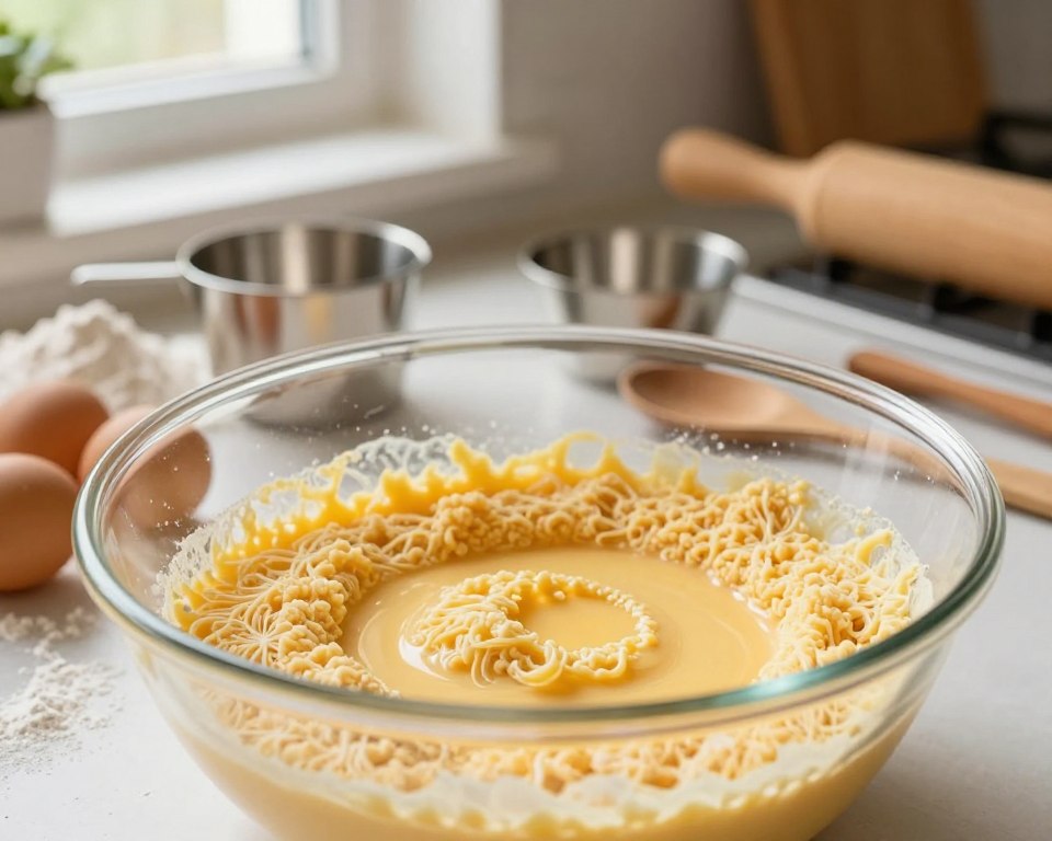 A close-up shot of a baking process, capturing the essence of preparing a sponge cake. In the foreground, a beautifully whisked egg mixture is housed in a clear mixing bowl, showing the rich golden color and fluffy texture. In the middle ground, various baking tools like measuring cups, flour dusted on the counter, and a wooden spoon add context. The background features a cozy kitchen, softly illuminated by warm, natural light coming through a window, creating an inviting atmosphere. A hint of fresh ingredients like eggs and flour scattered around underscores the baking theme. The overall mood is warm and homely, emphasizing attention to detail in the sponge cake preparation.