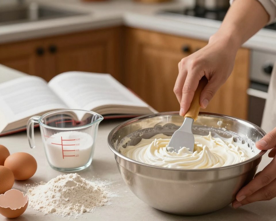 A close-up view of a kitchen countertop preparing a classic sponge cake (biszkopt). In the foreground, a stainless steel mixing bowl filled with fluffy, whipped egg whites, alongside a pile of golden flour and a few eggs cracked open. A clear measuring cup with sugar is positioned next to it. In the middle, a hand gently folds the mixture using a spatula, capturing the motion of the baking process. The background features a warm, inviting kitchen with wooden cabinets and soft overhead lighting, creating a cozy and productive atmosphere. A well-used recipe book lies open, its pages fluttering slightly as if touched by a breeze, enhancing the feeling of an ongoing, heartfelt culinary endeavor.